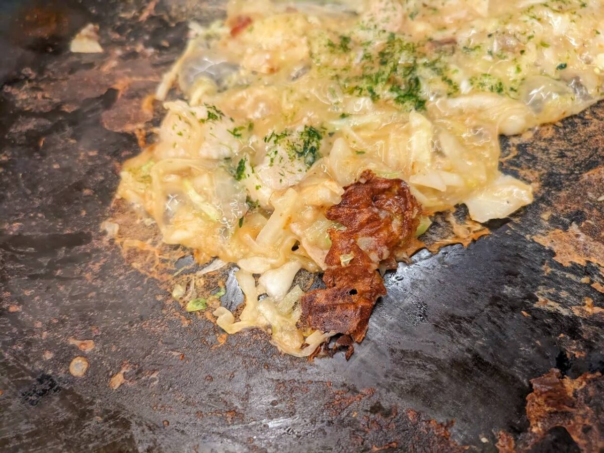 月島もんじゃたまとや綱島の豚ネギ塩もんじゃ出来上がり